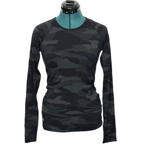 Athleta Shirt Womens XS Black Gray Camo Long Sleeve Seamless Base Layer Athletic